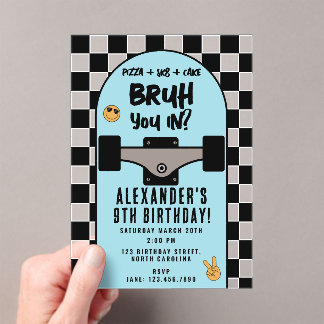 Bruh Boy's Skateboarding Checkered Birthday Party Acryleinladungen