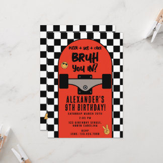 Bruh Boy's Skateboarding Checkered Birthday Party Einladung