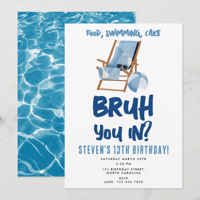 Bruh Boy's Teenager Birthday Pool Party Teen Boy Einladung (Vorne/Hinten)