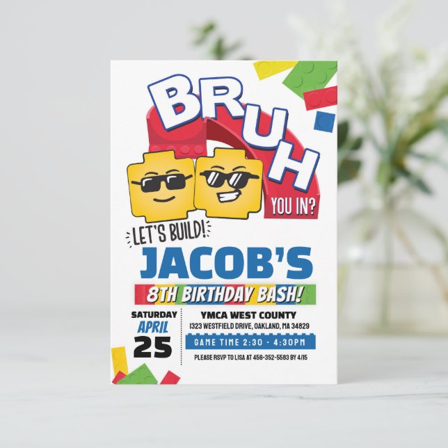 Bruh Building Block Birthday Invitation (Debout devant)