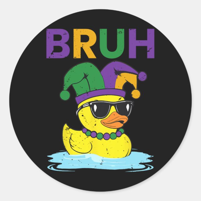 Bruh Funny Duck Mardi Gras Rubber Duck with Jester Runder Aufkleber (Vorderseite)