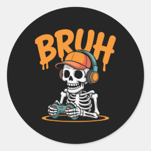 Bruh Halloween Jungen Kinder Gamer Männer Skelett Runder Aufkleber