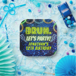 Bruh Let's Party Neon Glow Blue Green Geburtstag Pappteller