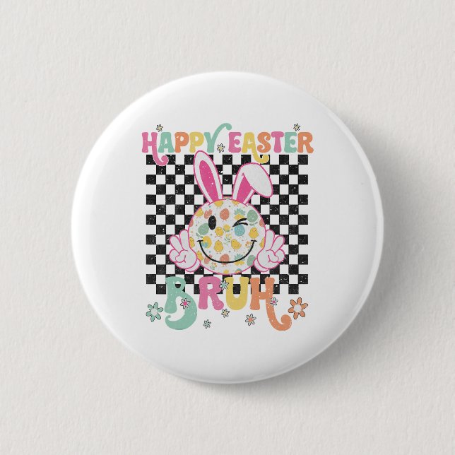 Bruh Oster Day Funny Bunny Eggs Groovy Smile Face Button (Vorderseite)