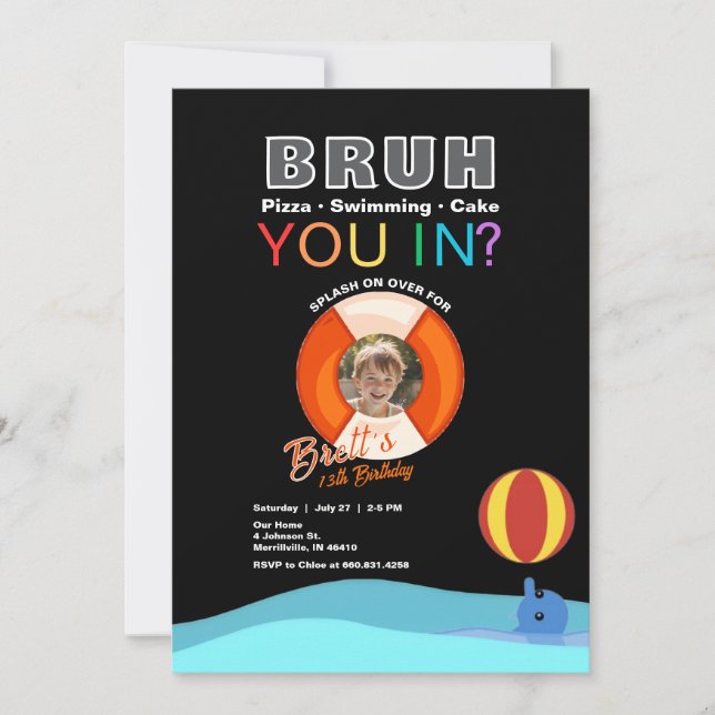 Bruh Pool Party Geburtstag Einladung mit Foto (Vorderseite)
