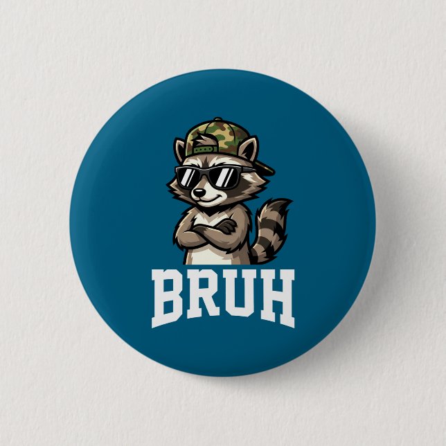 Bruh Raccoon Camo Hat Funny Youth Teens Kids Slang Button (Vorderseite)