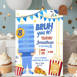 Bruh You in Blue Pizza Popcorn Pajamas Birthday Einladung