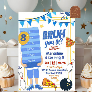 Bruh You in Blue Pizza und Bowling Birthday Party Einladung