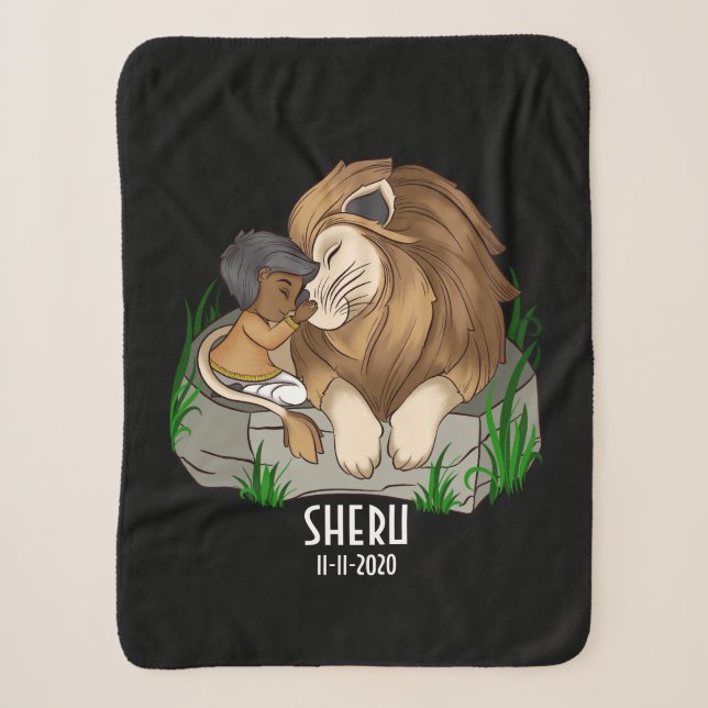 Bruin jongetje die een leeuw knuffelt sherpadecke (Vorderseite)