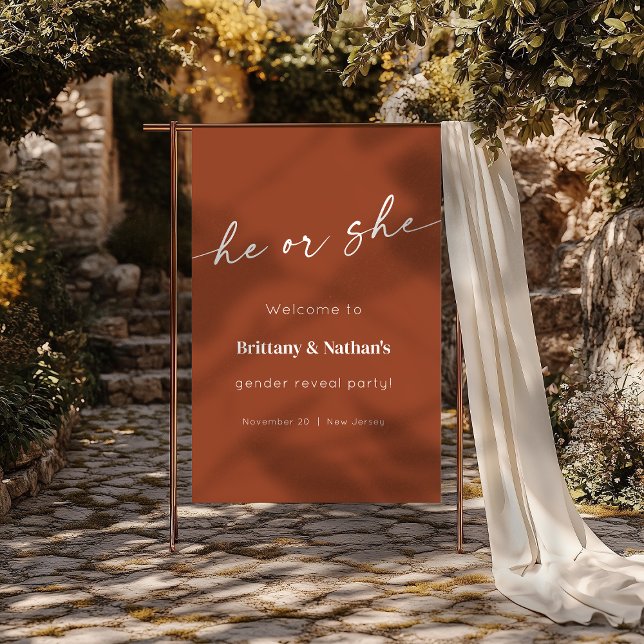 Brûlé Terracotta Genre Révéler Affiche de bienvenu (Burnt Terracotta Gender Reveal Welcome Sign)