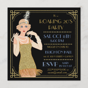 Brüllende 20er Flapper Gold Glitter Schwarz Retro Einladung