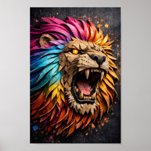 Brüllende Regenbogen-Löwen-Papierskulptur 3D-Kunst Poster