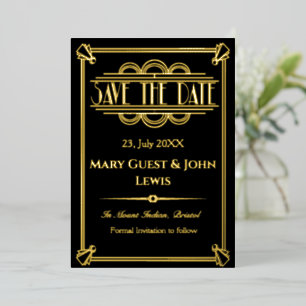 Brüllende Zwanziger Schwarz und Gold Art Deco Term Folieneinladung