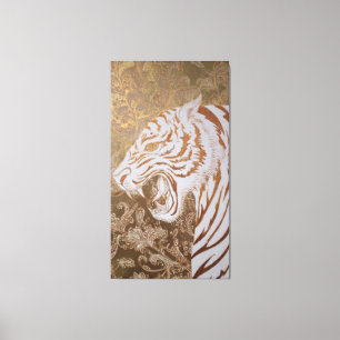 Brüllender Weißer Tiger Canvas – Verzierte Gold Ku Leinwanddruck