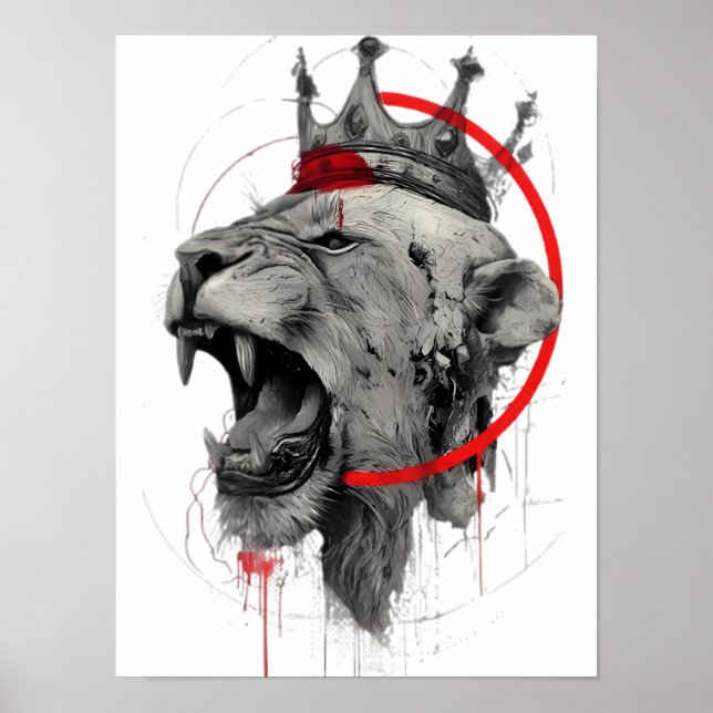Brüllendes gekröntes Löwe Trash Polka Poster (Vorne)