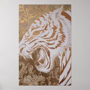 Brüllendes Weißer-Tiger-Plakat – Verzierte Goldges Poster