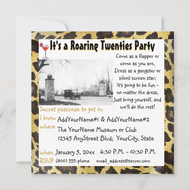 Brüllenzwanziger jahre Party-Prallplatten-Leopard Einladung (Vorderseite)