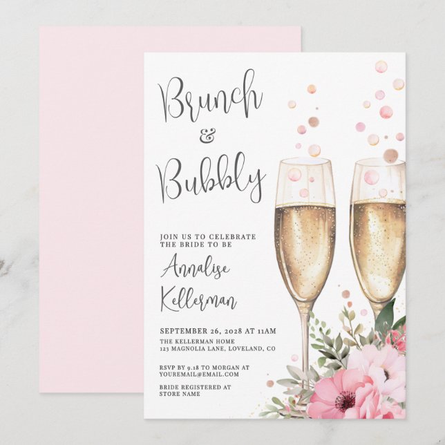 Brunch And Bubbly Floral Bridal Shower Einladung (Vorne/Hinten)