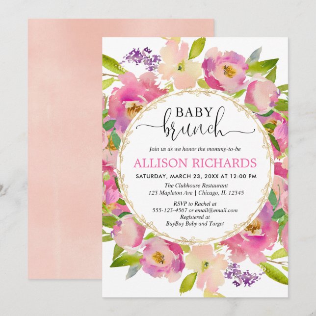 Brunch-Babypartymädchen, erröten rosa Goldgrün Einladung (Vorne/Hinten)