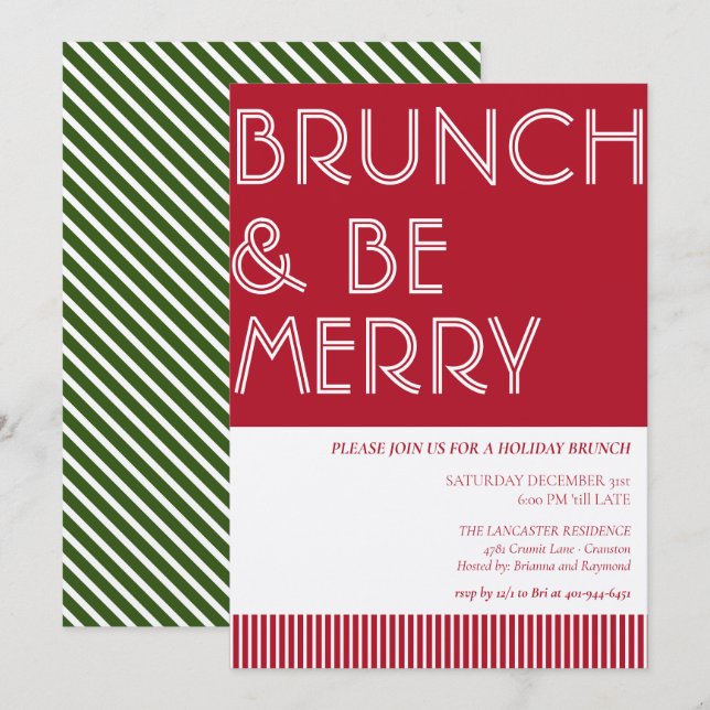Brunch & Be Merry Green Red Christmas Brunch Einladung (Vorne/Hinten)