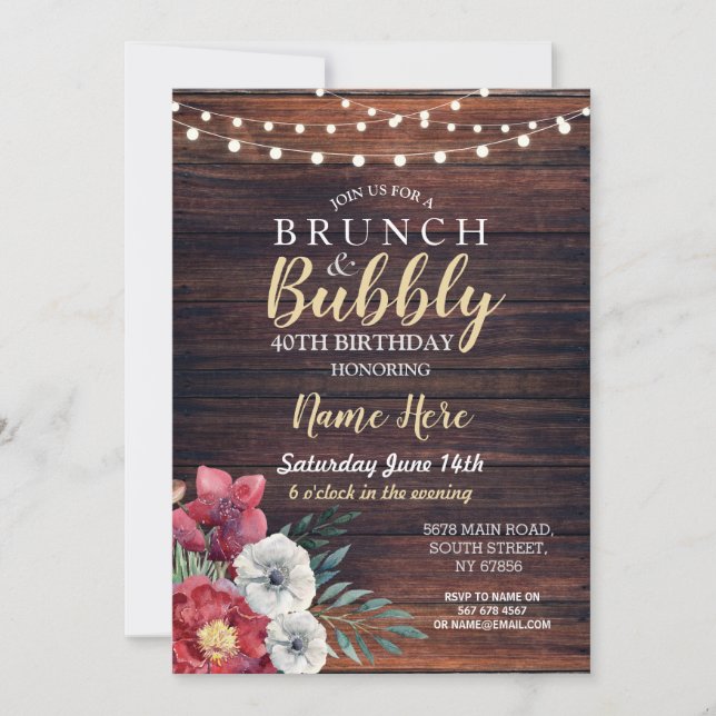 Brunch & Bubble Wood Floral Red Blume Lights Einladung (Vorderseite)