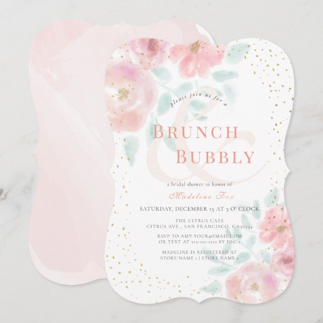 Brunch & Bubbly Airline Rose Rosa Brautparty Einladung (Vorne/Hinten)