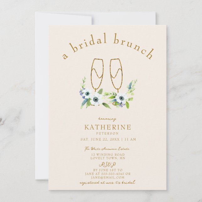 Brunch Bubbly Anemone Gold Floral Brautparty Einladung (Vorderseite)