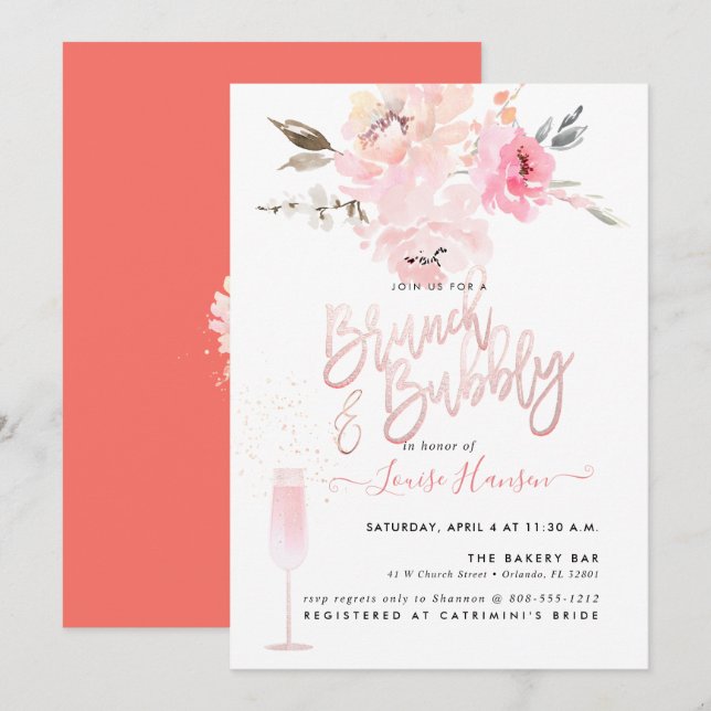 Brunch+Bubbly, Aquarell Blush Pink Peonys Einladung (Vorne/Hinten)