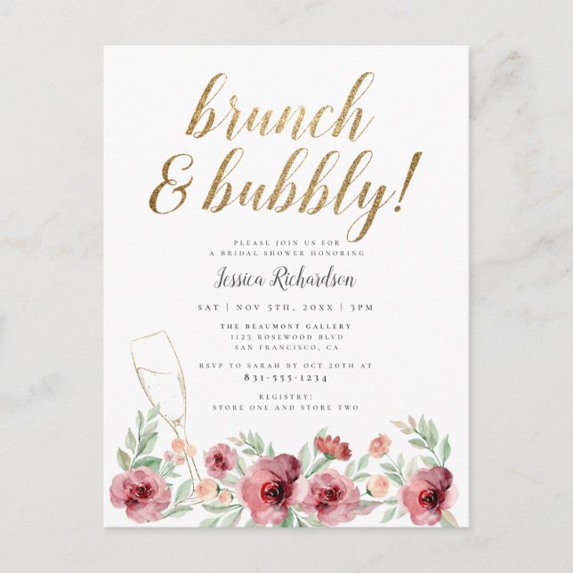 Brunch & Bubbly | Aquarellfarbenes Brautparty Einladungspostkarte (Vorderseite)