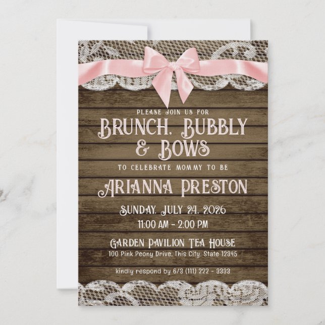 Brunch Bubbly Barn Wood and Bows Baby Dusche Einladung (Vorderseite)