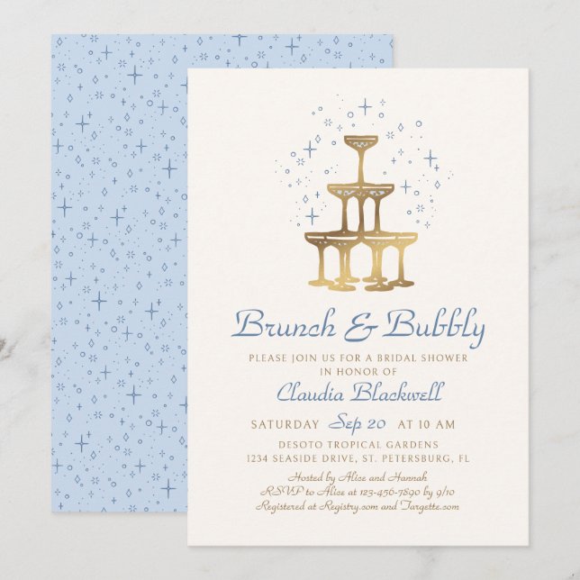 Brunch Bubbly Blue Bridal Dusche Einladung (Vorne/Hinten)