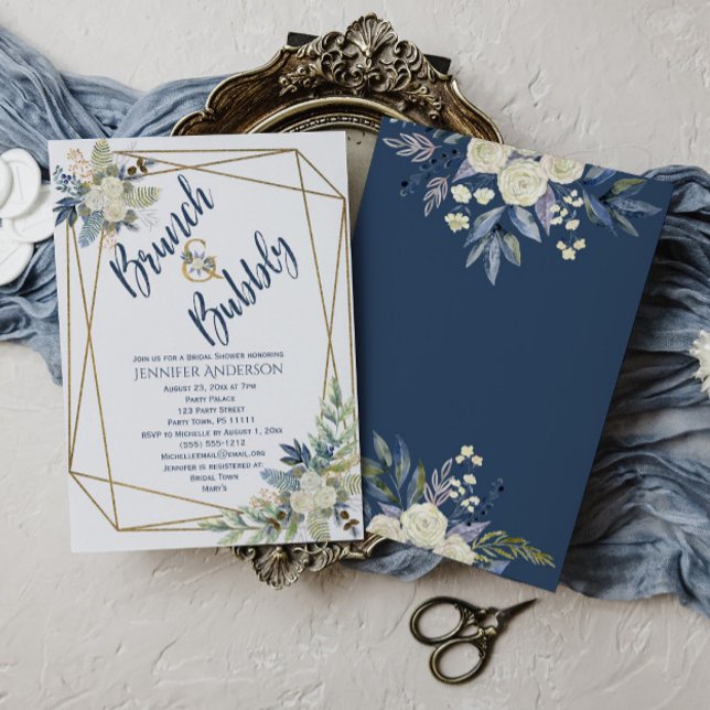 Brunch & Bubbly Blue Floral Brautparty Einladung (Von Creator hochgeladen)