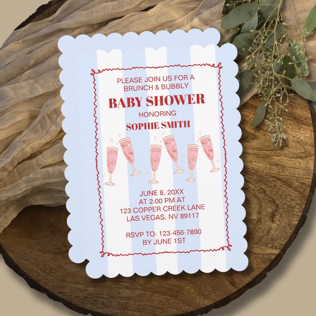 Brunch & Bubbly Blue & Red Wavy Border Baby Dusche Einladung (Von Creator hochgeladen)