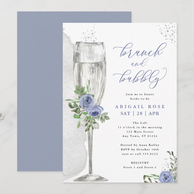 Brunch & Bubbly Blue Silver Floral Brautparty Einladung (Vorne/Hinten)
