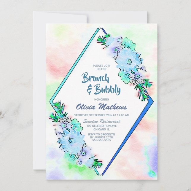 Brunch & Bubbly Blue Watercolor Floral Einladung (Vorderseite)