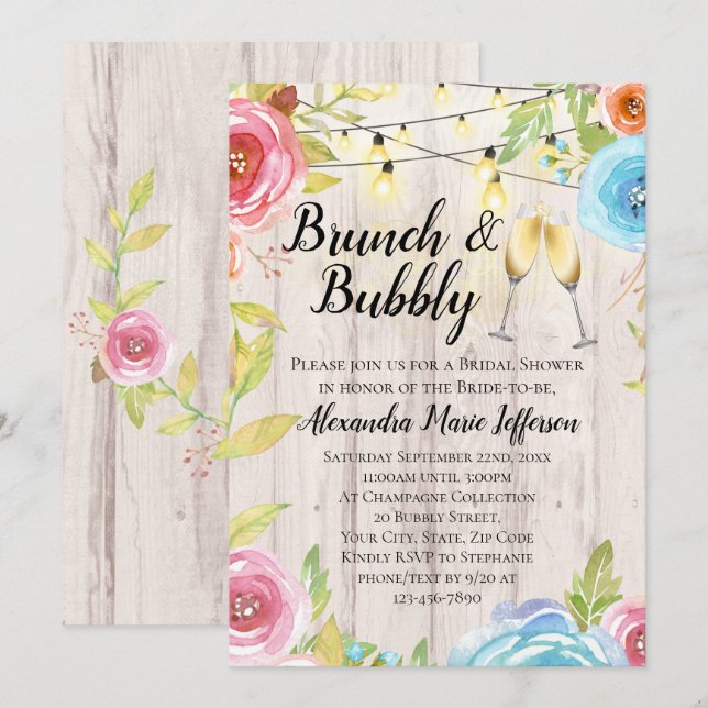 Brunch Bubbly Blume Country String Lights Wedding Einladung (Vorne/Hinten)
