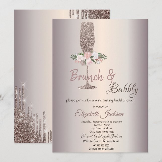 Brunch & Bubbly Blume Rose Gold Brautparty Einladung (Vorne/Hinten)