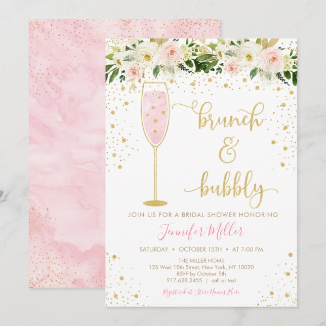 Brunch & Bubbly Blush & Gold Floral Brautparty Einladung (Vorne/Hinten)