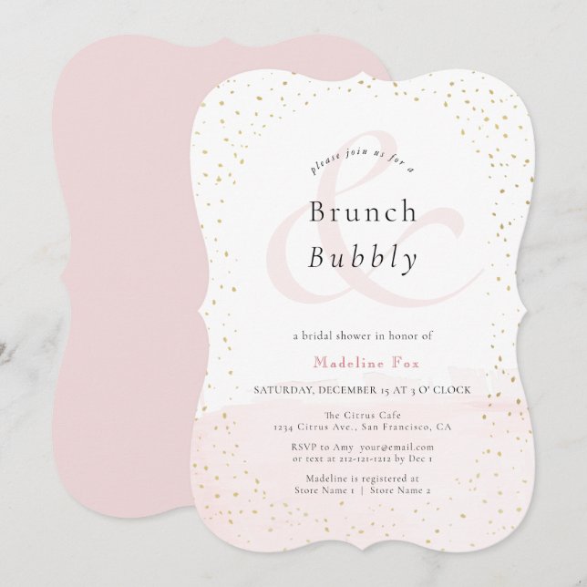 Brunch & Bubbly Blush Pink x Gold Brautparty Einladung (Vorne/Hinten)
