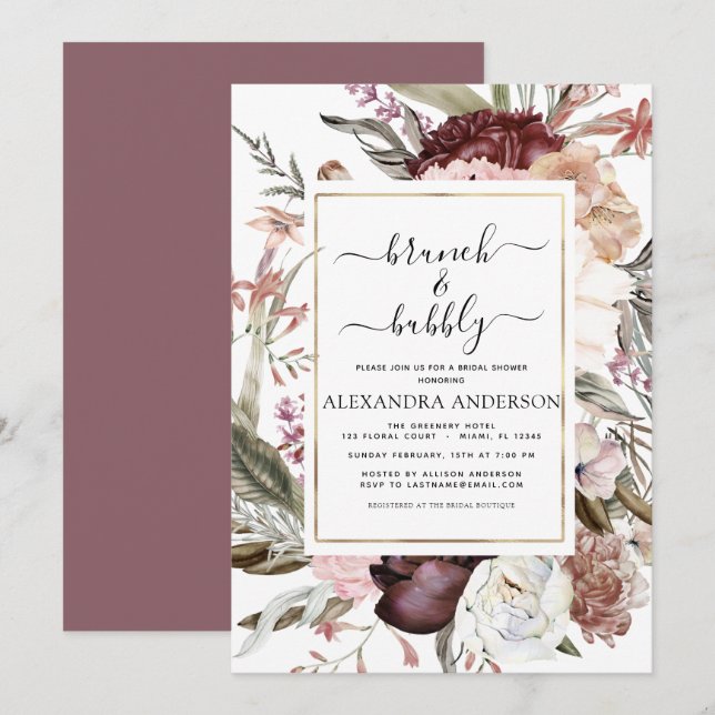 Brunch & Bubbly Boho Burgundy Brautparty Einladung (Vorne/Hinten)