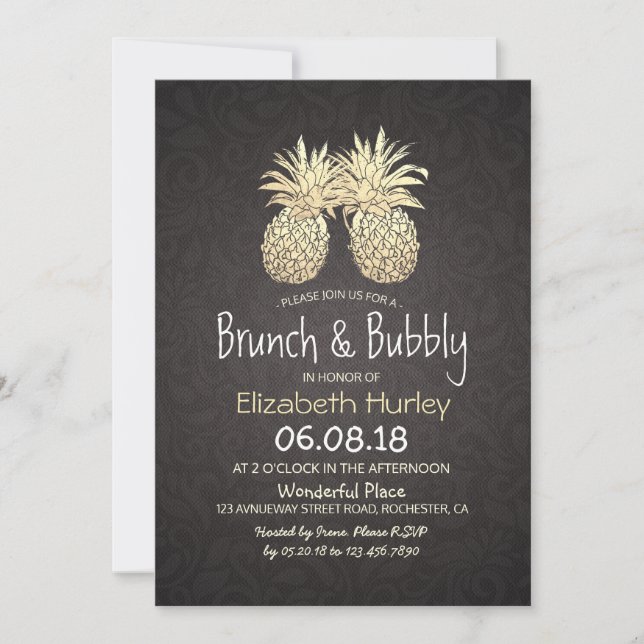 Brunch & Bubbly Brautparty Black Gold Ananas Einladung (Vorderseite)