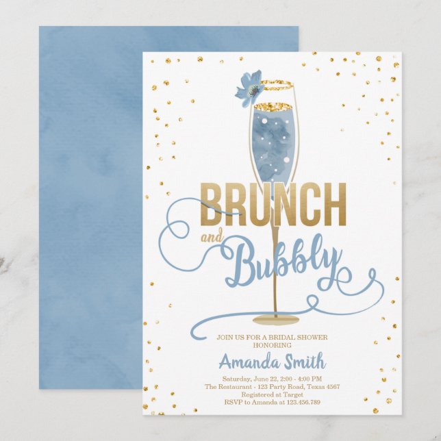 Brunch & Bubbly Brautparty Blue Gold Champagne  Einladung (Vorne/Hinten)