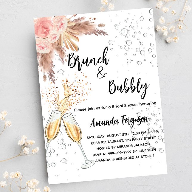 Brunch Bubbly Brautparty Blush Pampas Gras Einladungspostkarte (Von Creator hochgeladen)