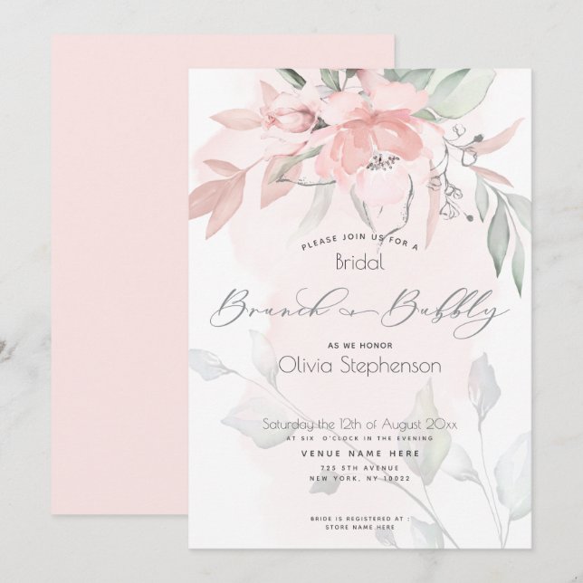 Brunch Bubbly Brautparty Blush Wilde Rose Invita Einladung (Vorne/Hinten)