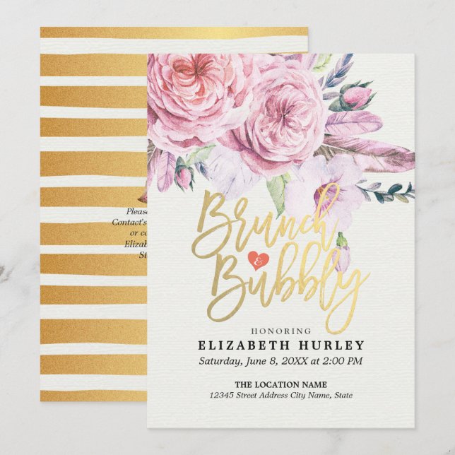 Brunch & Bubbly Brautparty Boho Floral Feather Einladung (Vorne/Hinten)