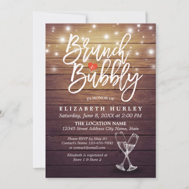 Brunch & Bubbly Brautparty Champagner Glass Wood Einladung (Vorderseite)