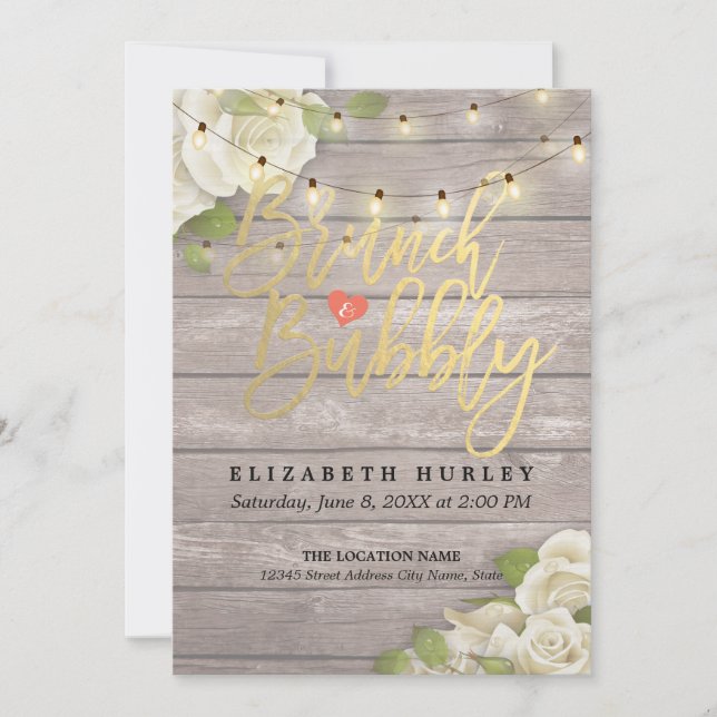 Brunch Bubbly Brautparty Floral String Lights Einladung (Vorderseite)