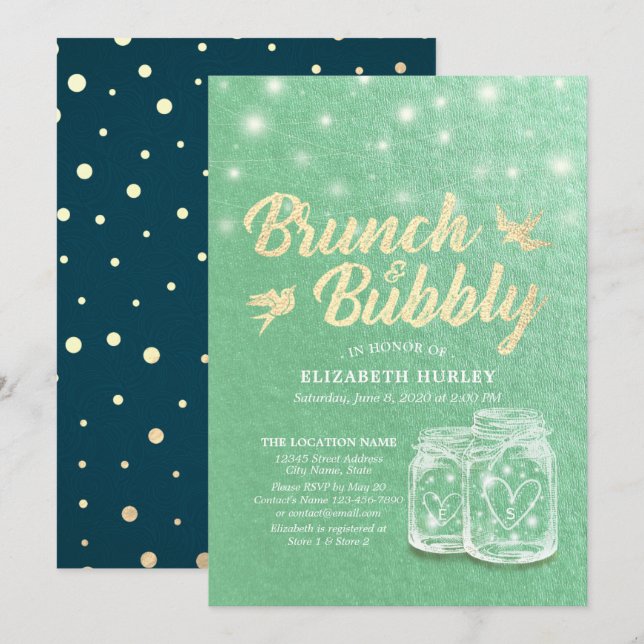 Brunch & Bubbly Brautparty Mason Jar Green Gold Einladung (Vorne/Hinten)