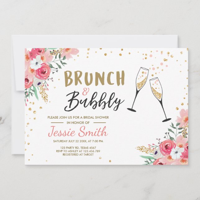Brunch & Bubbly Brautparty Pink Gold Champagne Einladung (Vorderseite)