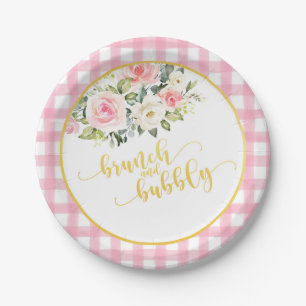 Brunch & Bubbly Brautparty Plate - Rosa Kariert Pappteller